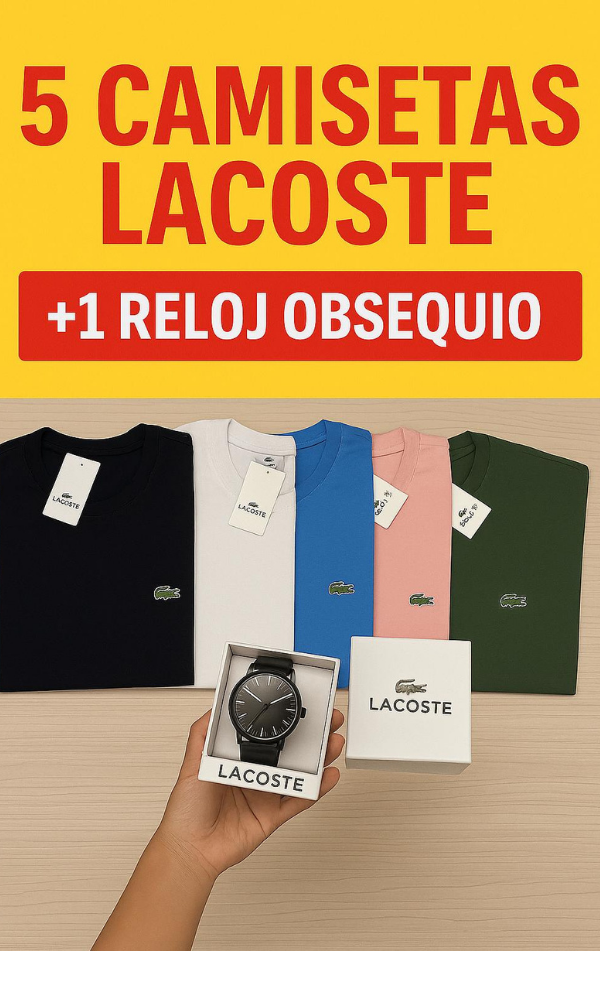 KIT LACOSTE: 5 CAMISETAS + OBSEQUIO 1 RELOJ